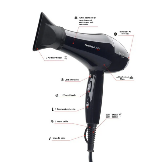 Professional Turbo Black Ion Hair Dryer 2500W by MQ professional Hair Dryer for Hair Drying, highlighted packaging