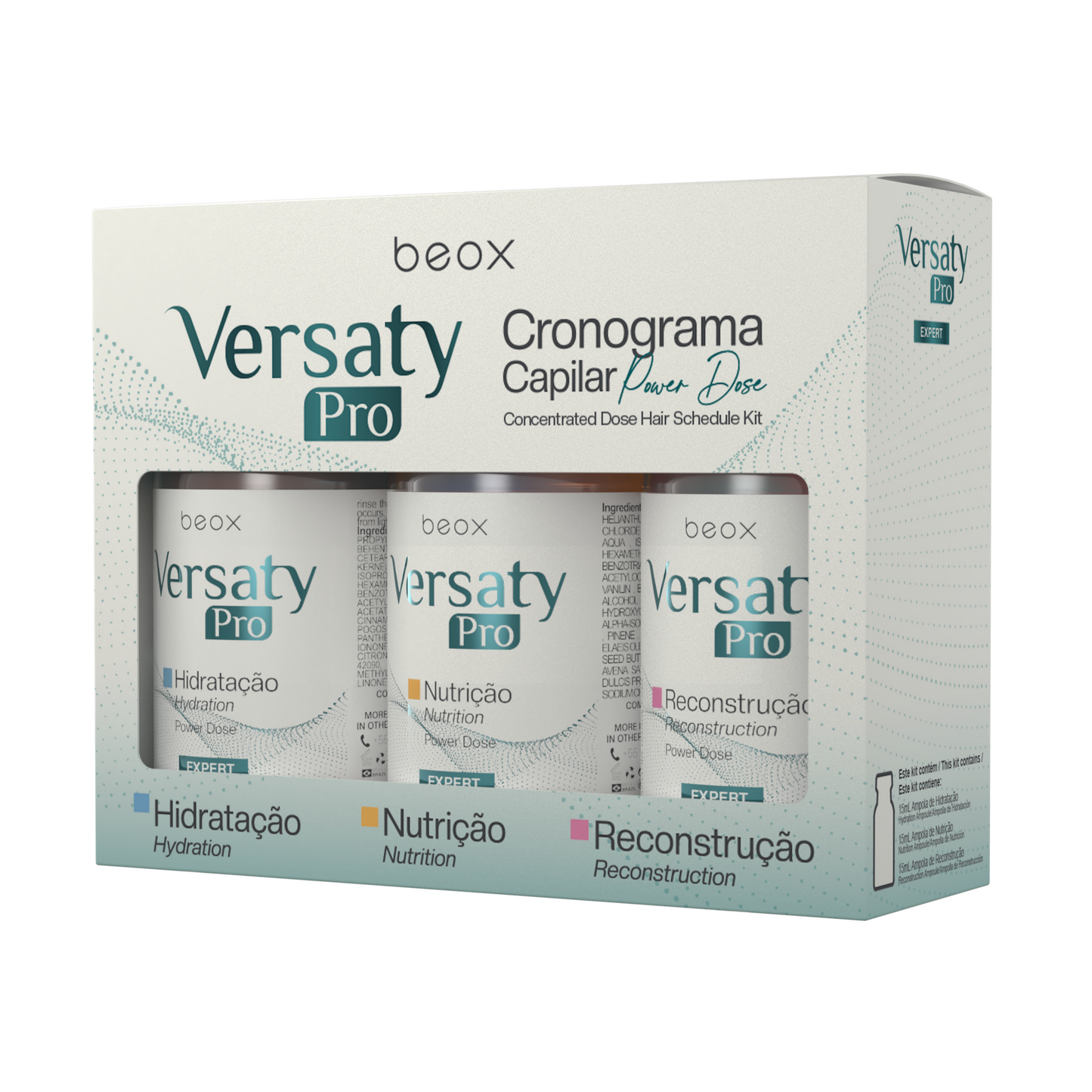 Versaty Pro Hair Schedule Ampoules by Beox professional Hair Mask for Nutrition, Hydration, Reconstruction, highlighted packaging