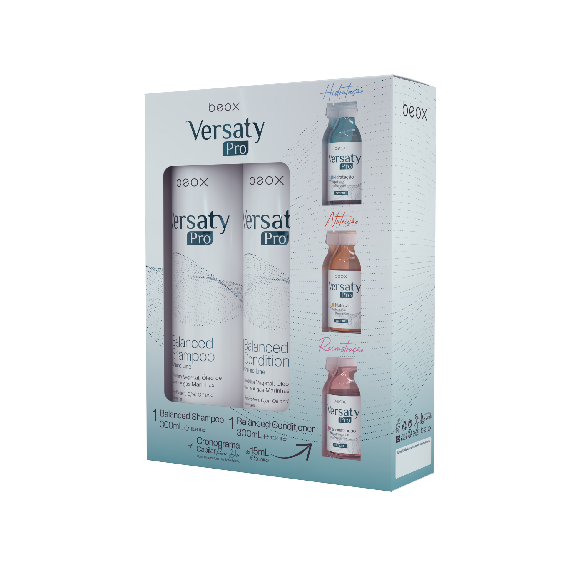 Versaty Pro Home Care Kit by Beox professional Shampoo, Conditioner, Hair Mask for Nutrition, Hydration, Reconstruction, highlighted packaging