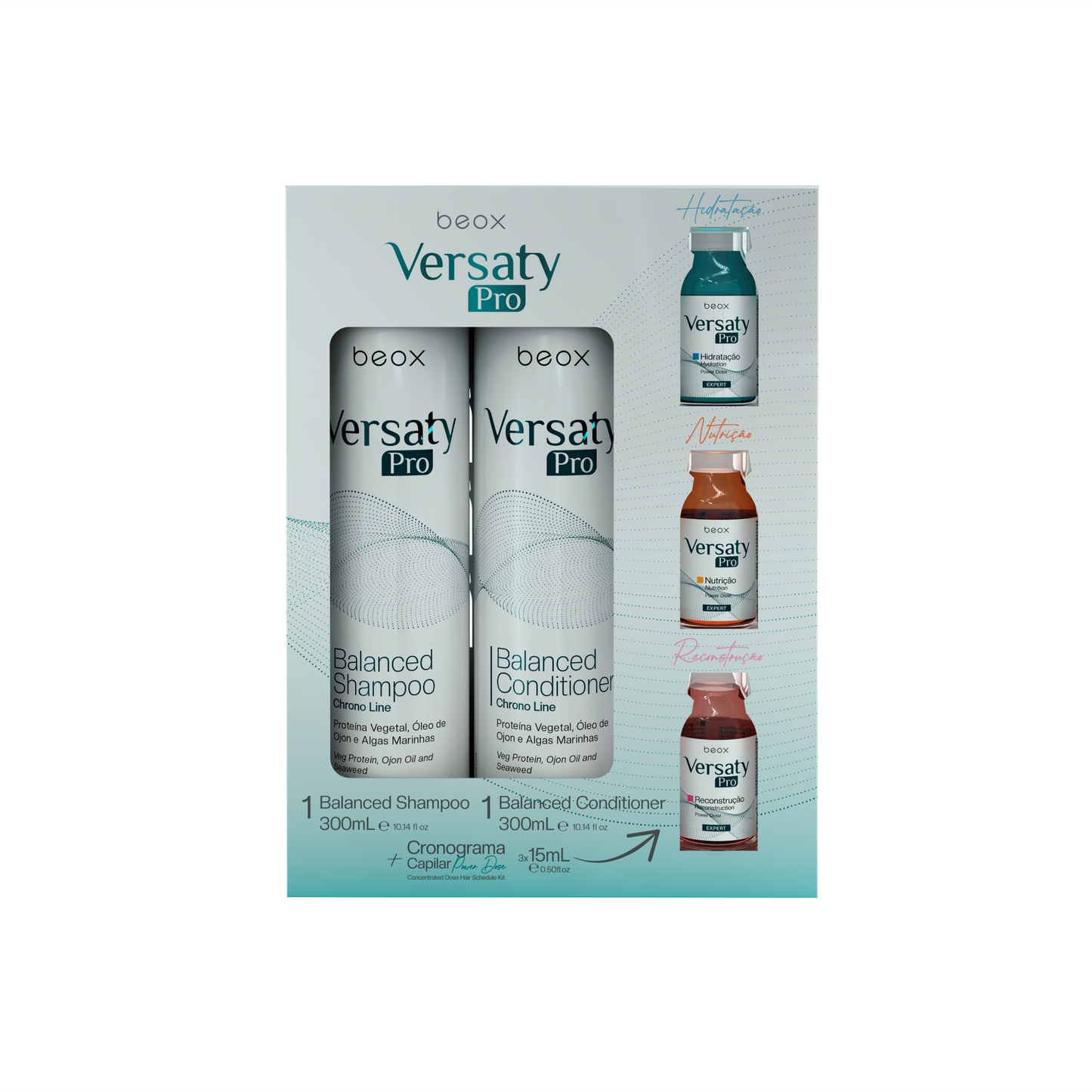 Versaty Pro Home Care Kit by Beox professional Shampoo, Conditioner, Hair Mask for Nutrition, Hydration, Reconstruction, highlighted packaging